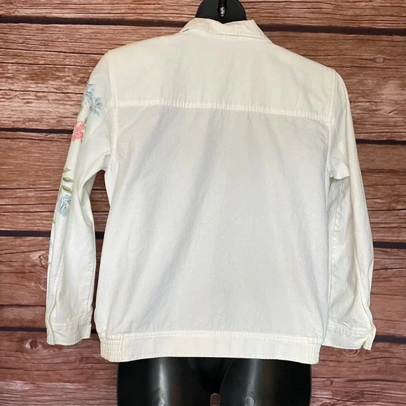 Light Weight Denim Jacket 12 Alfred Dunner White Floral Beaded Cotton Everyday - Picture 2 of 9